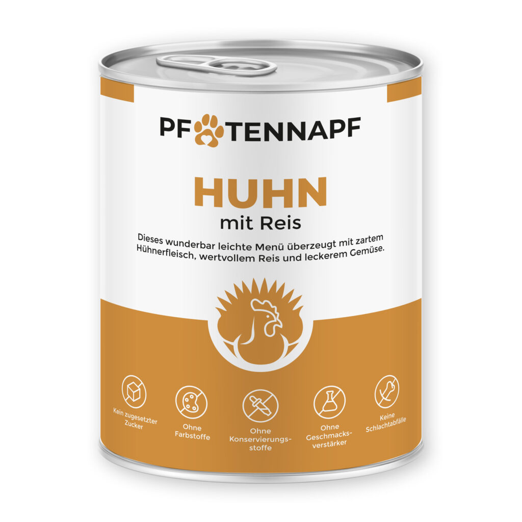Eine Dose Hundenassfutter der Fleischsorte Huhn mit Reis