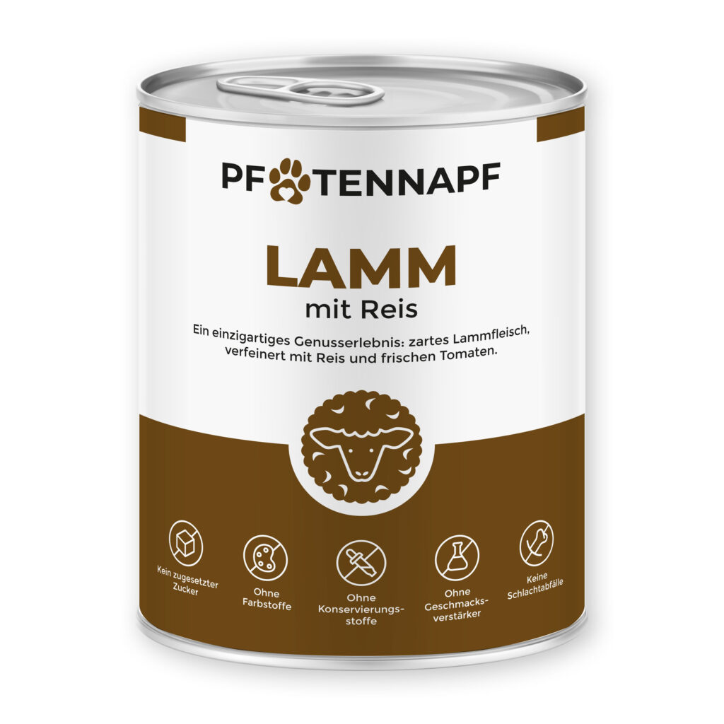 Eine Dose Hundenassfutter der Fleischsorte Lamm mit Reis