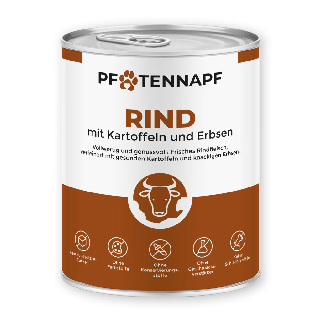 Eine Dose Hundenassfutter der Fleischsorte Rind mit Kartoffeln und Erbsen