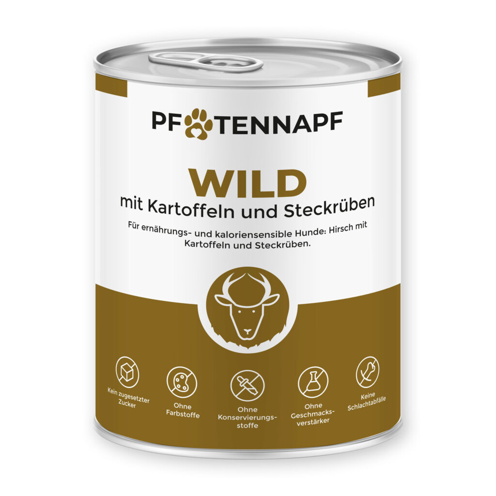 Eine Dose Hundenassfutter der Fleischsorte Wild mit Kartoffeln und Steckrüben