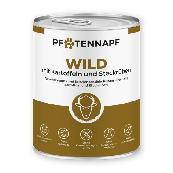 Eine Dose Hundenassfutter der Fleischsorte Wild mit Kartoffeln und Steckrüben